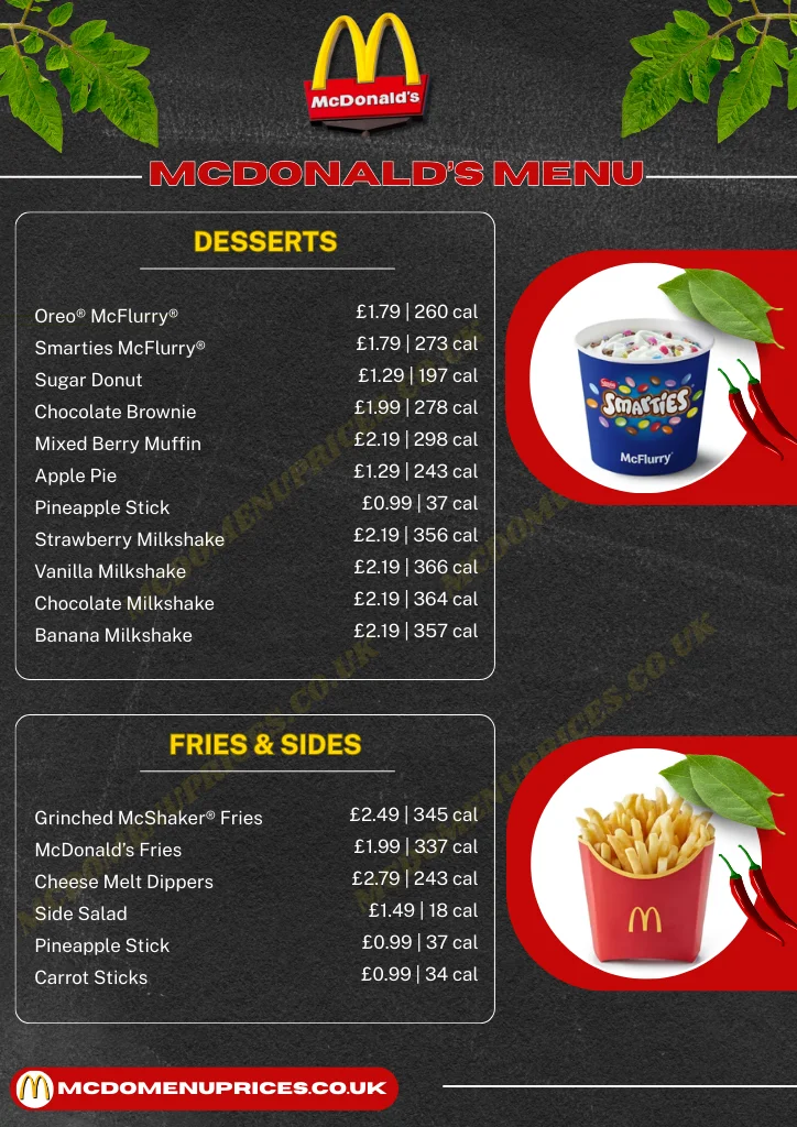 McDonald’s menu UK image showing desserts, fries and sides with prices and calories, including Oreo McFlurry, Smarties McFlurry, Apple Pie, milkshakes, McDonald’s Fries, Cheese Melt Dippers, and Side Salad.